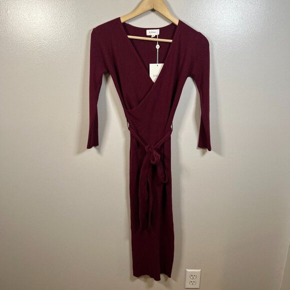 Bohme Ledger Sweater Dress Size XS Burgundy Midi Bodycon Tie Waist Ribbed - Picture 2 of 12